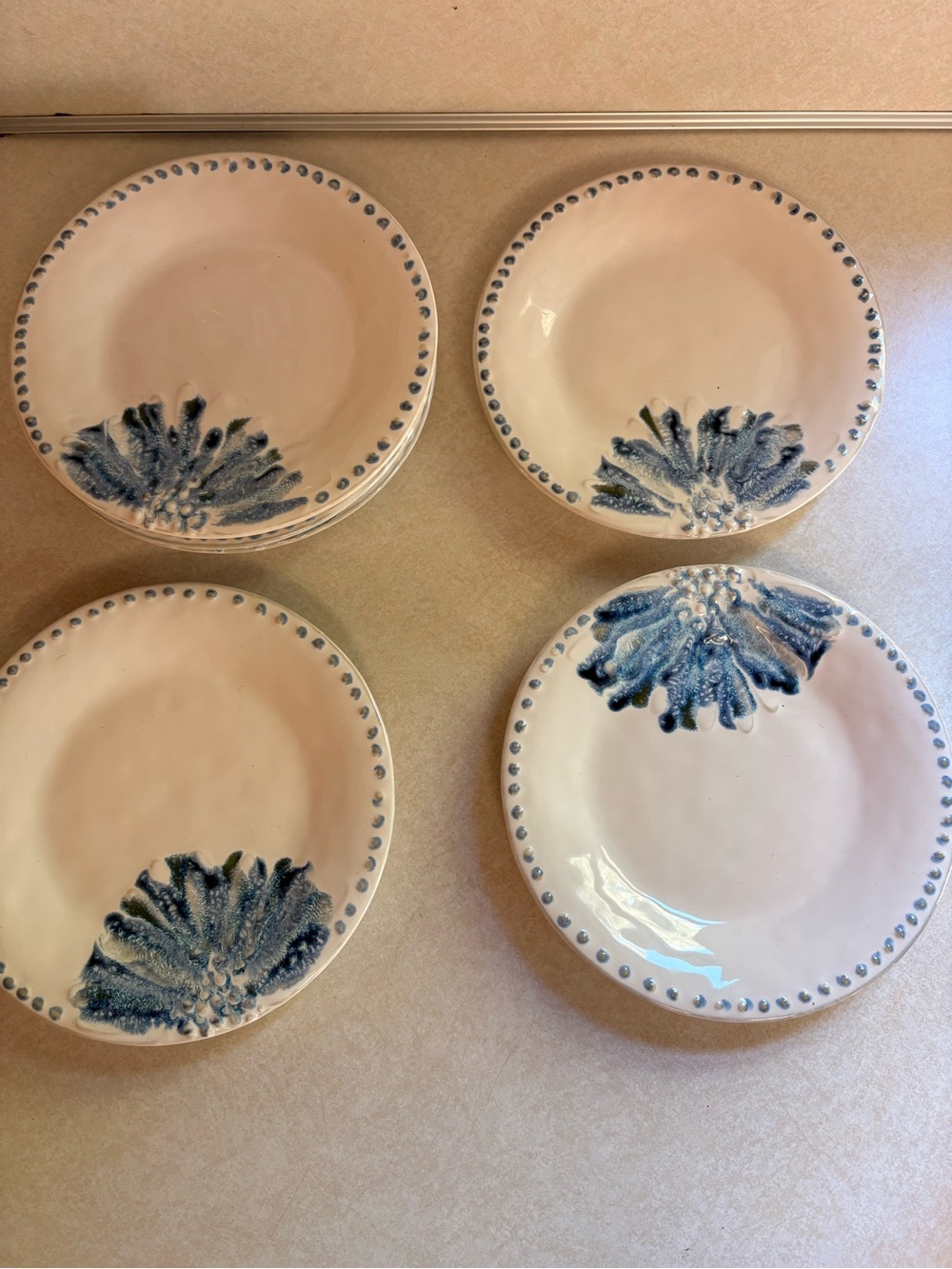 Anthropologie Blue Floral Accent Ceramic Desert Plates - Set of 6